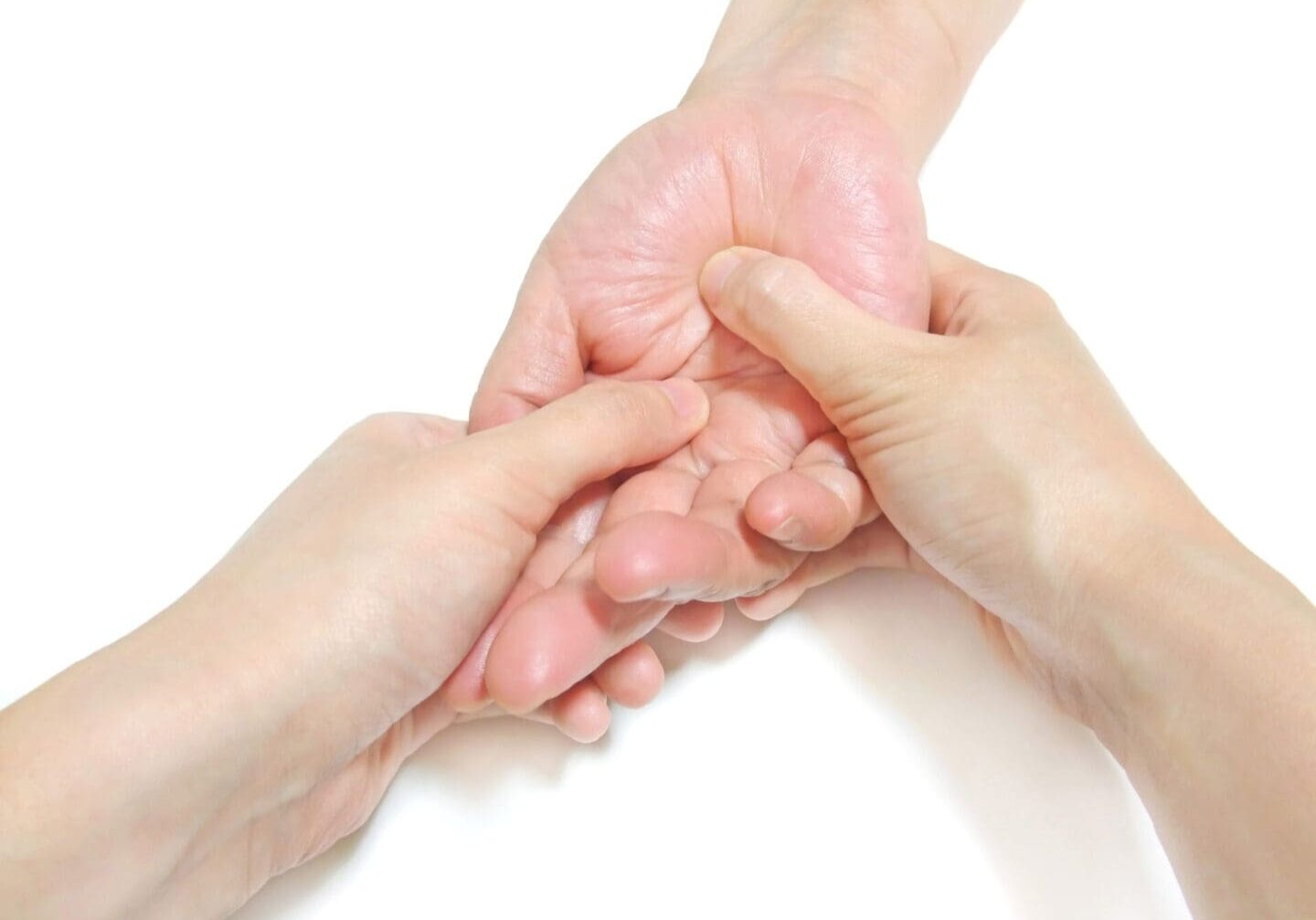 Pressing the palm with finger to massage.